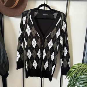Aster black Army green argyle knit button longline cardigan sweater academia